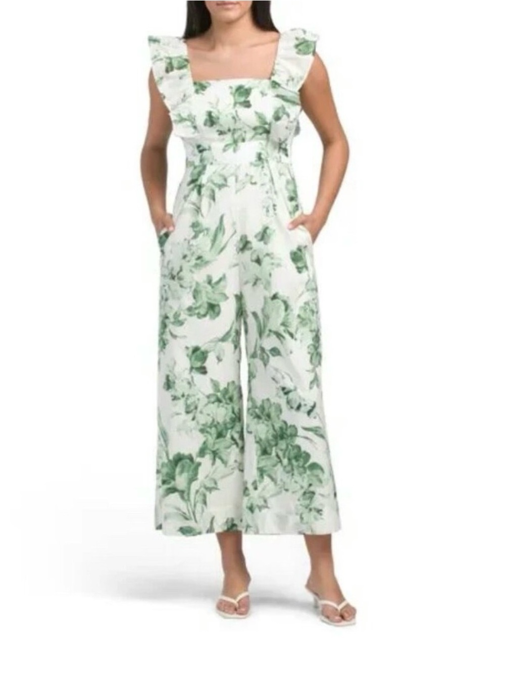 Taylor White Jumpsuit with Green Floral Print and Ruffle Straps